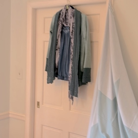 Anthropologie Mohair Open Cardigan Teal Blue Open Crochet Green Small Pockets - Picture 6 of 15